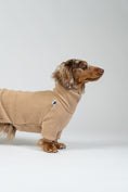 Load image into Gallery viewer, Dackelmodel im leichten Camel-Fleece-Overall – speziell für Dackel-Proportionen entwickelt.