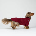 Load image into Gallery viewer, Dackel sitzt im bordeauxfarbenen Fleecepullover – komfortabler Pullover für kleine Hunde.
