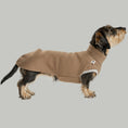 Load image into Gallery viewer, Dackel trägt ärmelloses Long Shirt aus weichem Baumwollfleece in Mokka, ideal für kühle Spaziergänge.