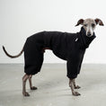 Load image into Gallery viewer, Overall Iggy Schwarz – hochwertige Hundekleidung für Dackel, Windspiele und Windhunde von Karma Hund Berlin – Ganzkörperansicht am Hund
