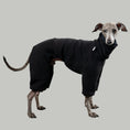 Load image into Gallery viewer, Overall Iggy Schwarz – hochwertige Hundekleidung für Dackel, Windspiele und Windhunde von Karma Hund Berlin – Ganzkörperansicht am Hund