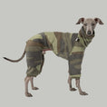 Load image into Gallery viewer, Overall Iggy Camouflage – hochwertige Hundekleidung für Dackel, Windspiele und Windhunde von Karma Hund Berlin – Ganzkörperansicht am Hund