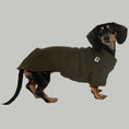 Load image into Gallery viewer, Pullover Dackel Dark Olive – hochwertige Hundekleidung für Dackel, Windspiele und Windhunde von Karma Hund Berlin – Ganzkörperansicht am Hund