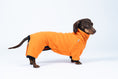 Load image into Gallery viewer, Dackel steht entspannt in Fleece Overall Orange
