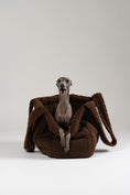 Load image into Gallery viewer, Stylischer Teddy Shopper von Karma Hund in Braun – weiche Hundetasche und mobiles Reisebett für kleine Hunde, gezeigt mit italienischem Windspiel.