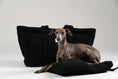 Load image into Gallery viewer, Schwarzer Teddy Shopper von Karma Hund mit kleinem italienischen Windspiel – elegantes, kuscheliges Hundebett für unterwegs.