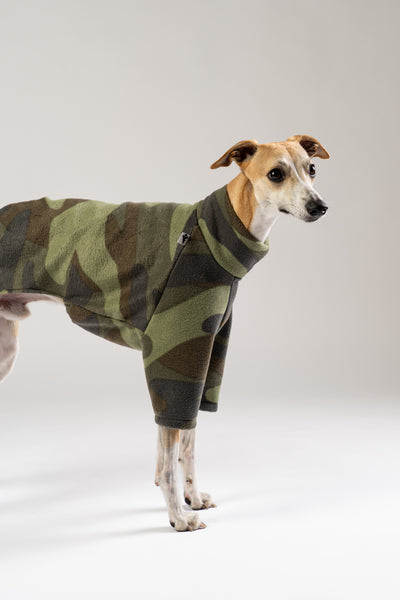 Whippet im Fleece-Pullover mit Camouflage-Muster von Karma Hund – weiche und trendige Hundemode für kühle Tage.