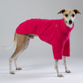 Load image into Gallery viewer, Whippet trägt magentafarbenen Fleece-Pullover von Karma Hund – auffällige, stilvolle Hundemode für kalte Tage.