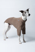 Load image into Gallery viewer, Whippet-Modell frontal im warmen Walnut‑Fleecepullover – atmungsaktiv, bequem, handgemacht in Berlin