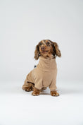 Load image into Gallery viewer, Langhaar-Dackel im weichen Camel-Fleeceoverall – idealer Schutz an kalten Tagen.
