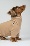 Load image into Gallery viewer, Dackel steht stolz im Fleece-Overall in Camel – bequemer, anschmiegsamer Hundeoverall.
