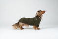 Load image into Gallery viewer, Langhaar-Dackel im Fleece-Pullover in Dark Olive – leichter, wärmender Hundesweater.
