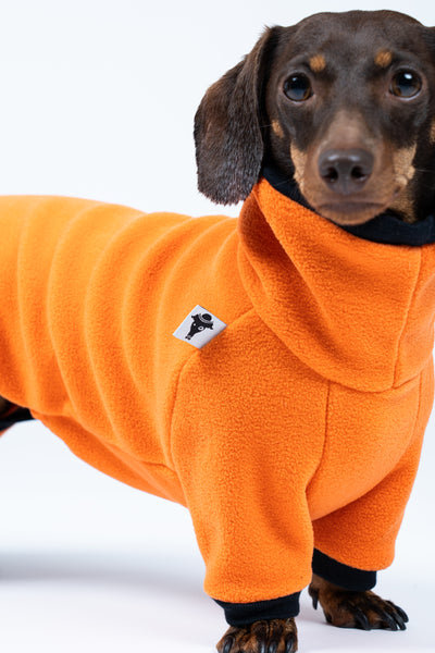 Orangefarbener warmer Fleece Overall für Dackel mit langem Rücken und kurze Beine