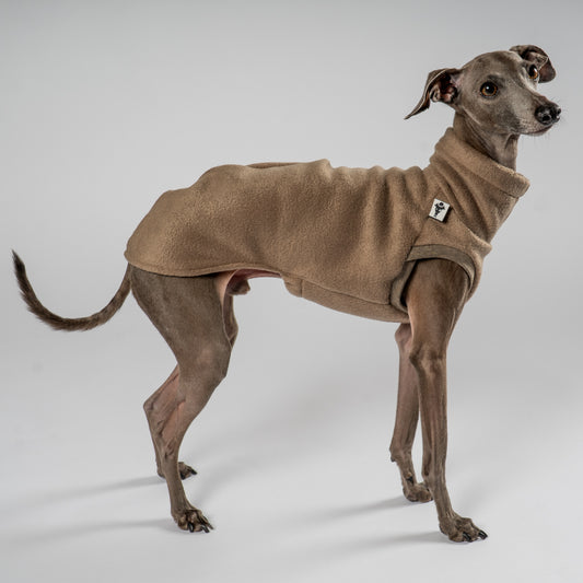 Fleece Shirt Iggy Walnut – hochwertige Hundekleidung für Dackel, Windspiele und Windhunde von Karma Hund Berlin – Ganzkörperansicht am Hund