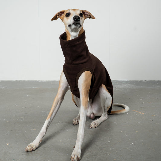 Fleece Shirt Windhund Espresso – ergonomischer Schnitt für Dackel und Windhunde – handgefertigte Hundekleidung