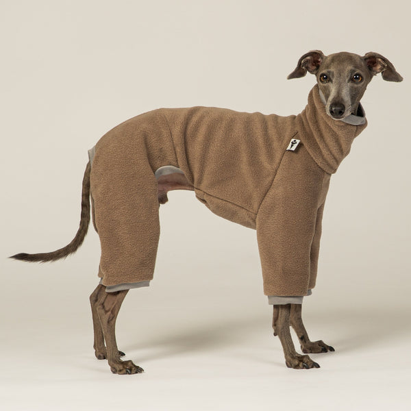 Italienisches Windspiel trägt Fleece Overall in Walnut – handgemacht in Berlin