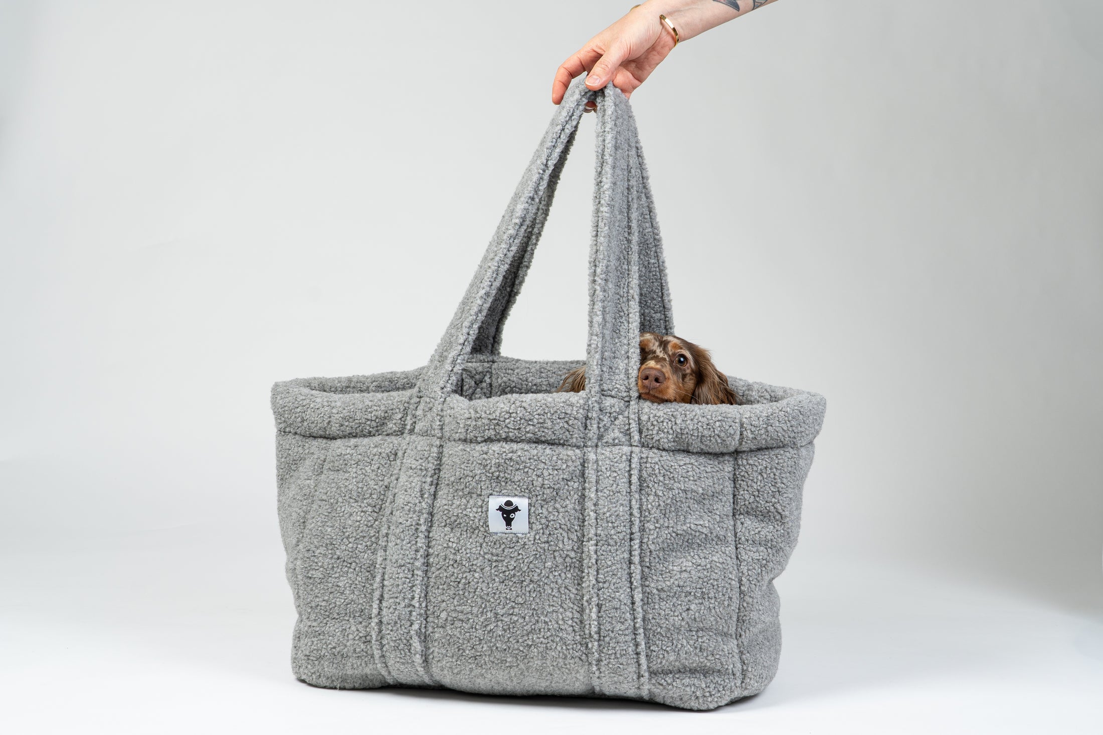 Zwergdackel liegt in der grauen Teddy Hundetasche von Karma Hund – kuscheliges mobiles Bett für unterwegs.