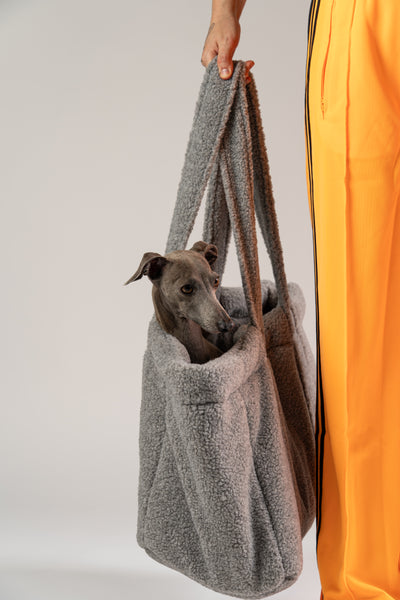 Italienisches Windspiel im grauen Teddy Shopper von Karma Hund – kuscheliger Rückzugsort für unterwegs oder zu Hause.