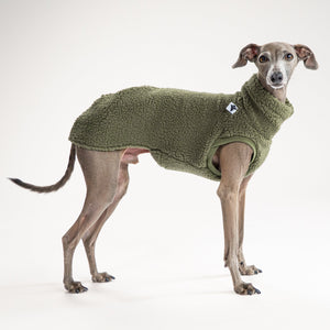 Hundepullover Dark Olive für Windspiele, handgemacht in Berlin, atmungsaktiv und langlebig