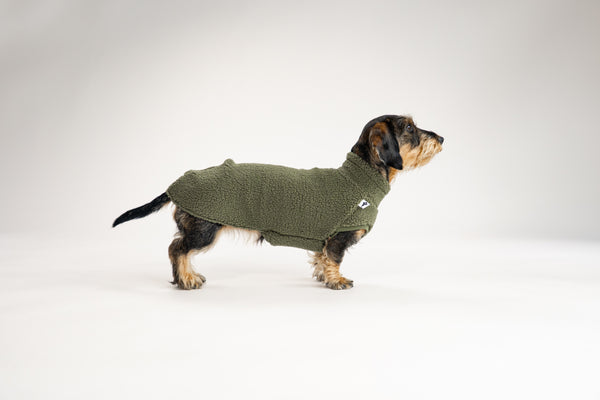 Handgefertigtes Long Shirt in Dark Olive für Dackel und kleine Hunde