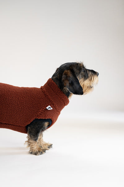 Warmer Hundepullover für Dackel in braunem Teddy-Material