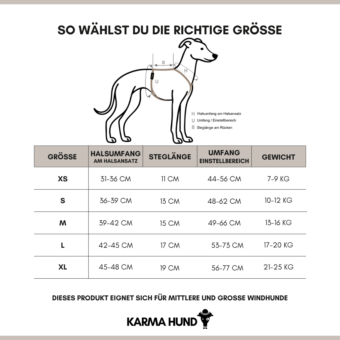 Whippet Geschirr Masstabelle