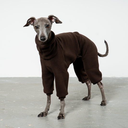 Overall Iggy Espresso – Hundepullover und Hundekleidung für Dackel und Windspiele – Seitenansicht am Hund
