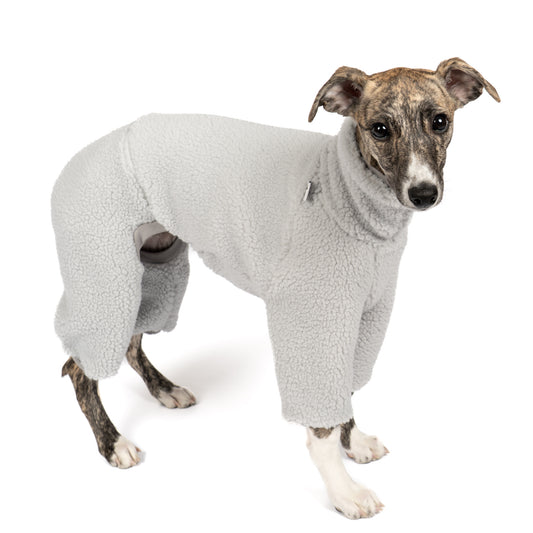 Teddy Overall Windhund Light Grey – Hundepullover und Hundekleidung für Dackel und Windhunde – Seitenansicht am Hund
