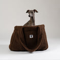 Load image into Gallery viewer, Italienisches Windspiel liegt entspannt im braunen Teddy Shopper von Karma Hund – kuscheliges Reisebettchen und Tragetasche aus weichem Teddy-Stoff.
