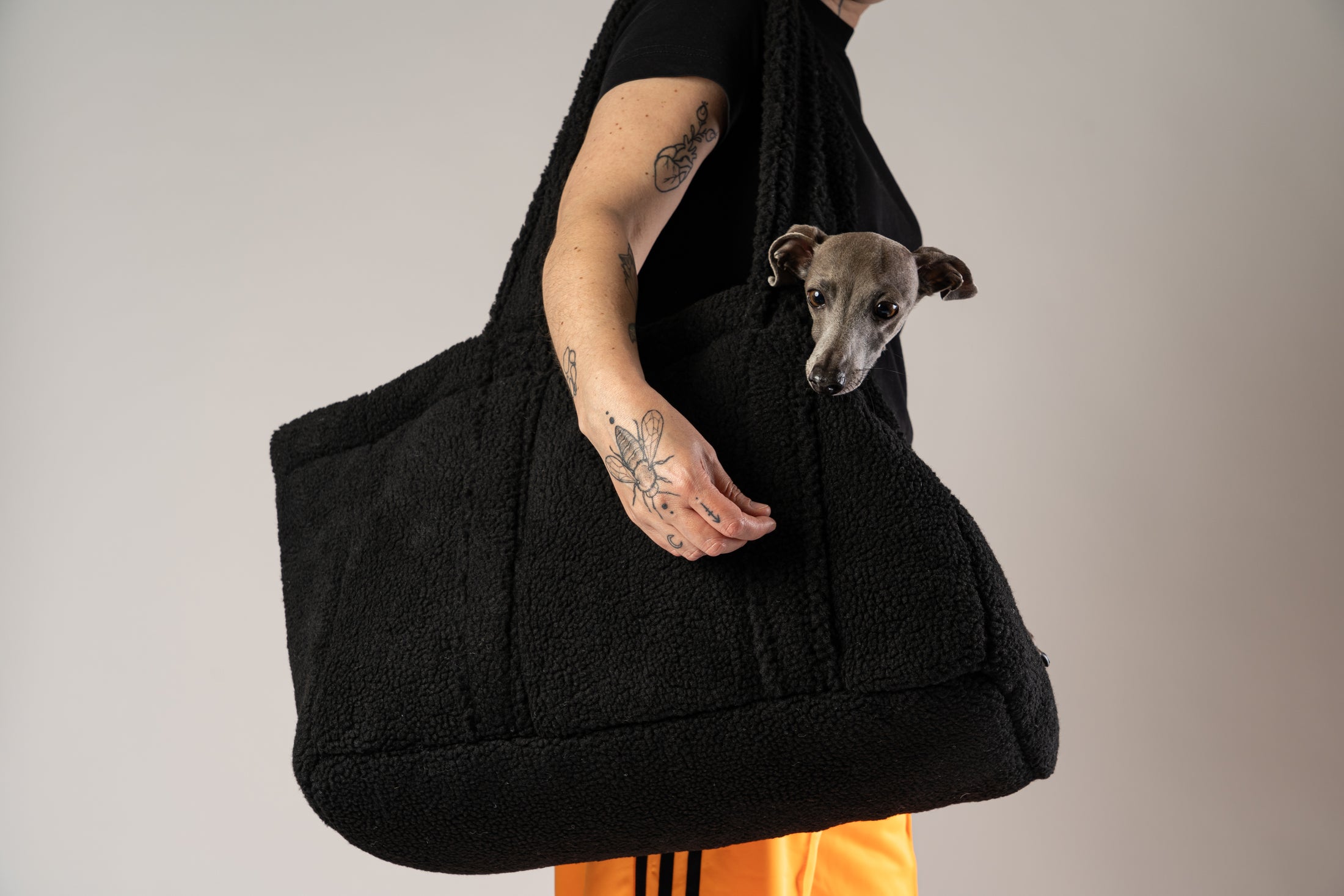 Karma Hund Shopper in Schwarz – multifunktionale Hundetasche und Schlafplatz in einem, gezeigt mit einem italienischen Windspiel.