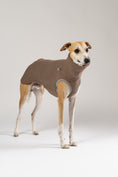 Load image into Gallery viewer, Eleganter Whippet in einem stilvollen, braunen Karma-Hund Pullover – zeitloses Design trifft auf Komfort.
